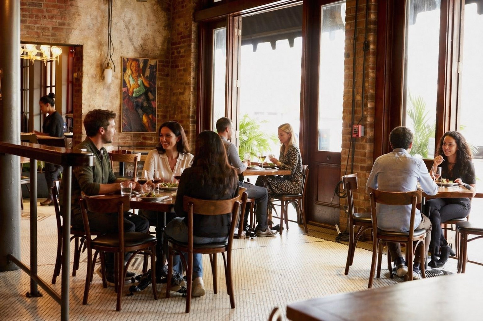 Compère Lapin — warm Warehouse District dining room with exposed brick and mosaic tile