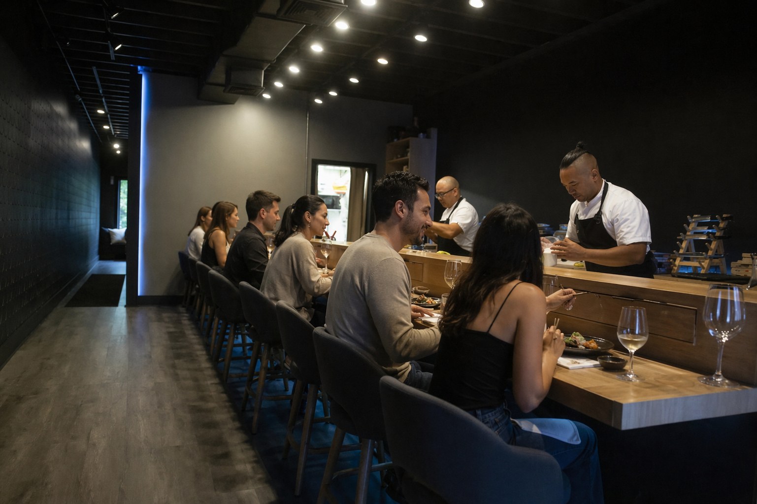 Soseki — intimate 10-seat omakase counter with spotlit preparation area