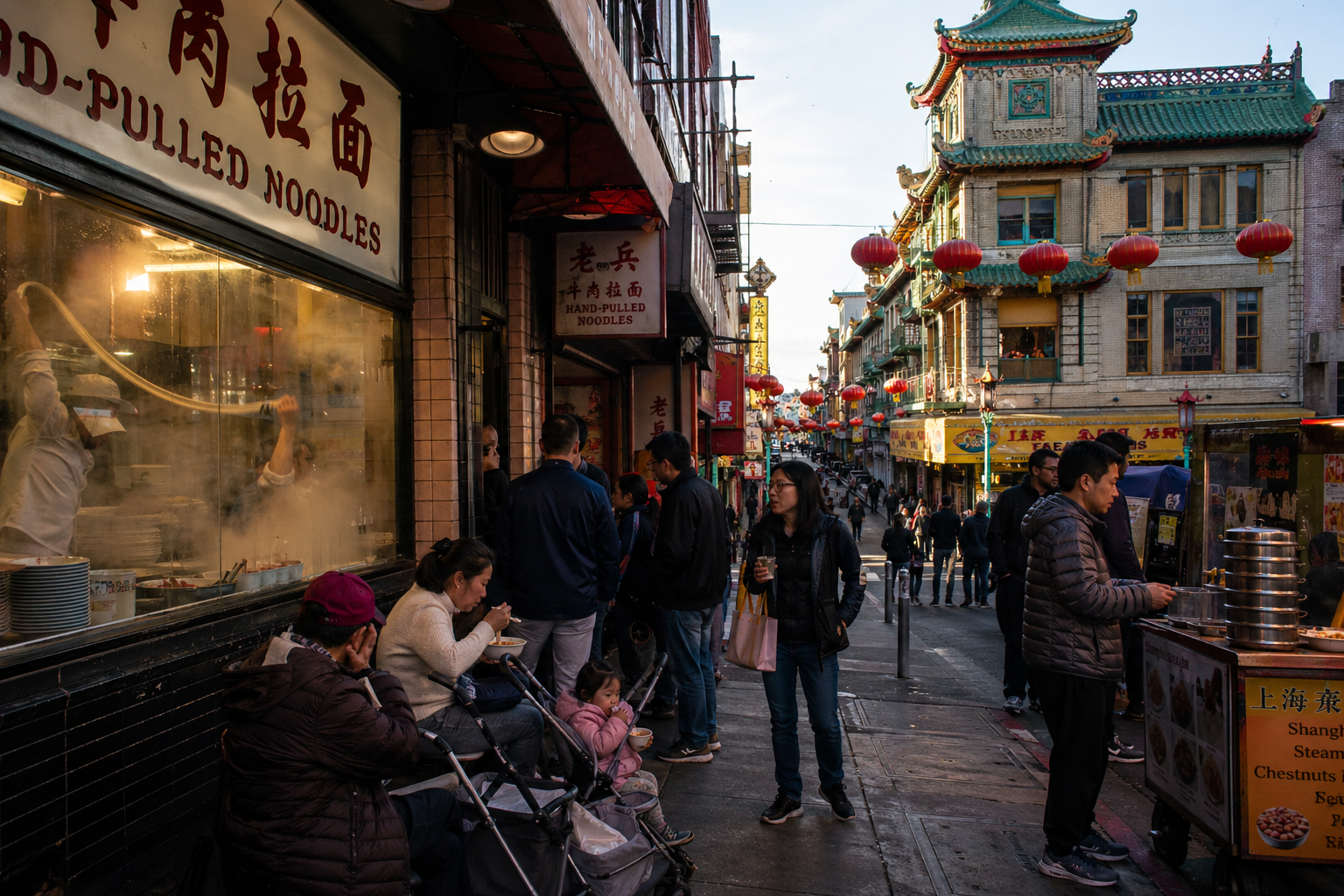 San Francisco Chinatown street scene with dim sum and lanterns