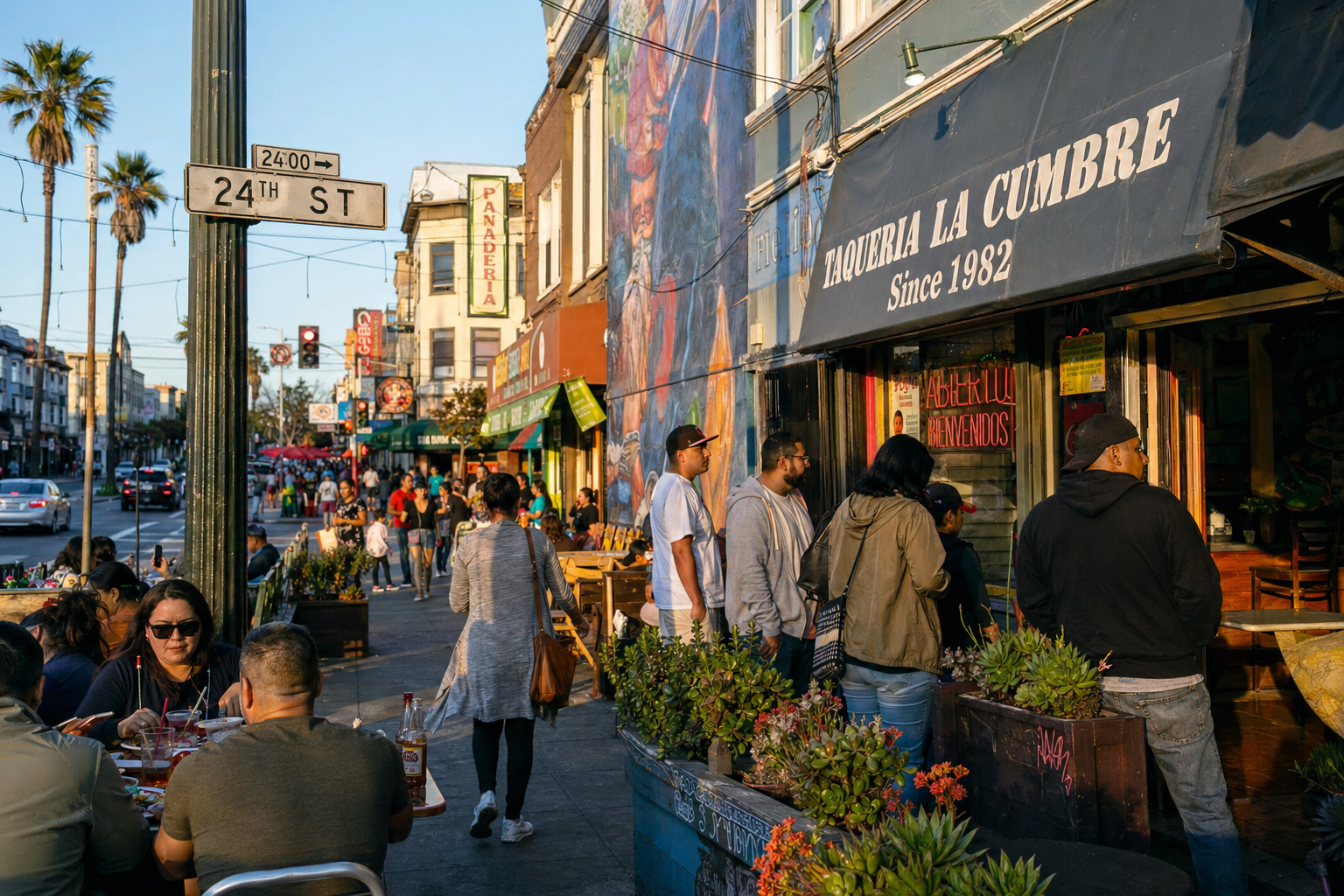 Mission District dining corridor with murals and taquerias