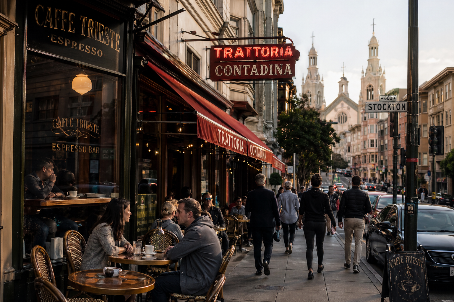 North Beach Italian dining corridor with cafes and pizzerias