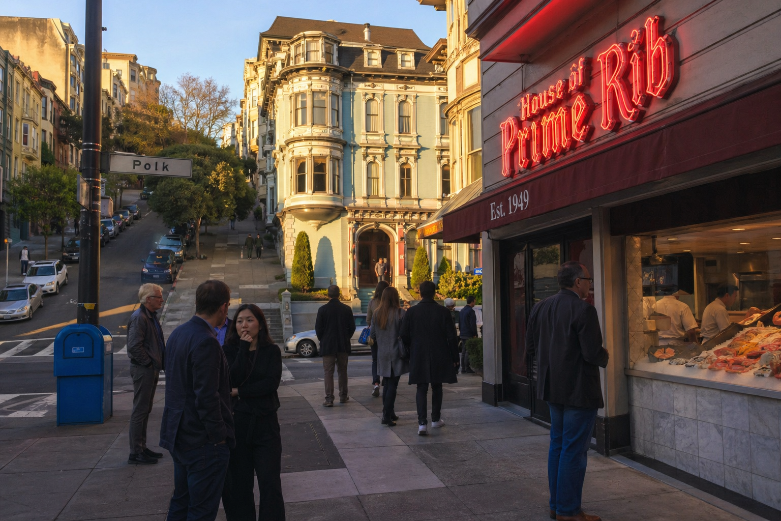 Polk Gulch and Nob Hill legacy dining with historic steakhouses