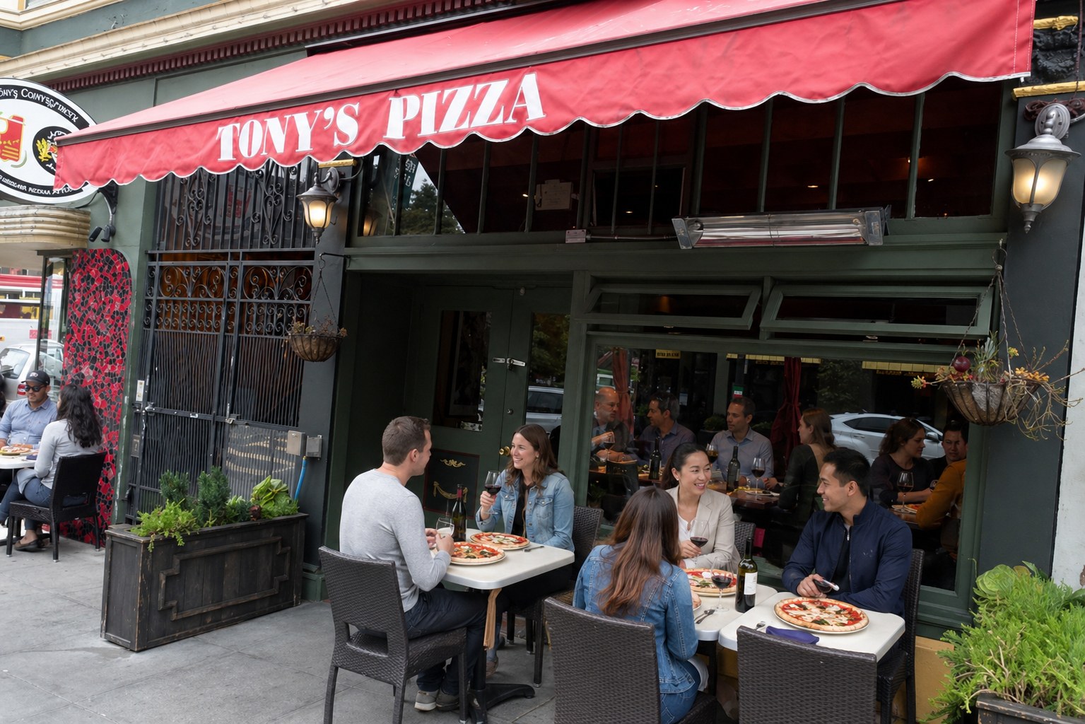 Tony's Pizza Napoletana — wood-fired Margherita pizza on a marble counter