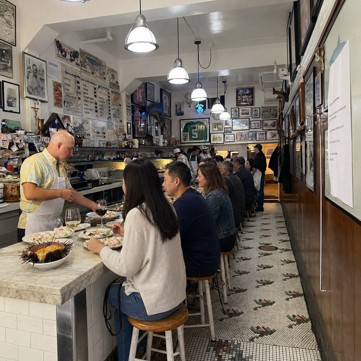 Swan Oyster Depot — marble counter with fresh oysters and Dungeness crab