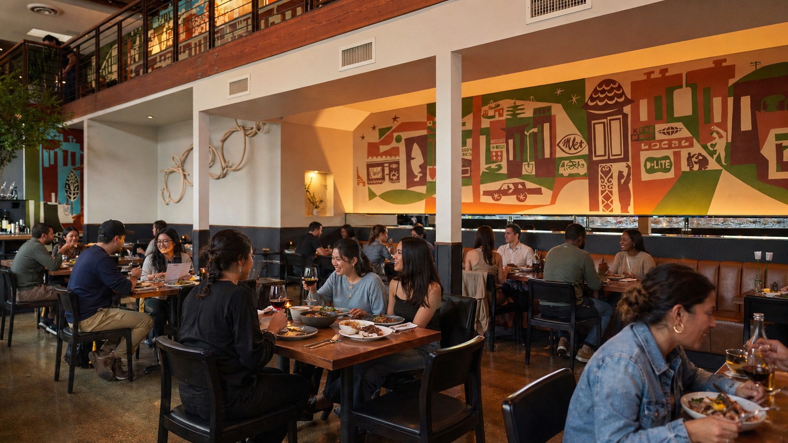 Nopa — wood-fired pork chop with romesco in a loud mural-painted dining room